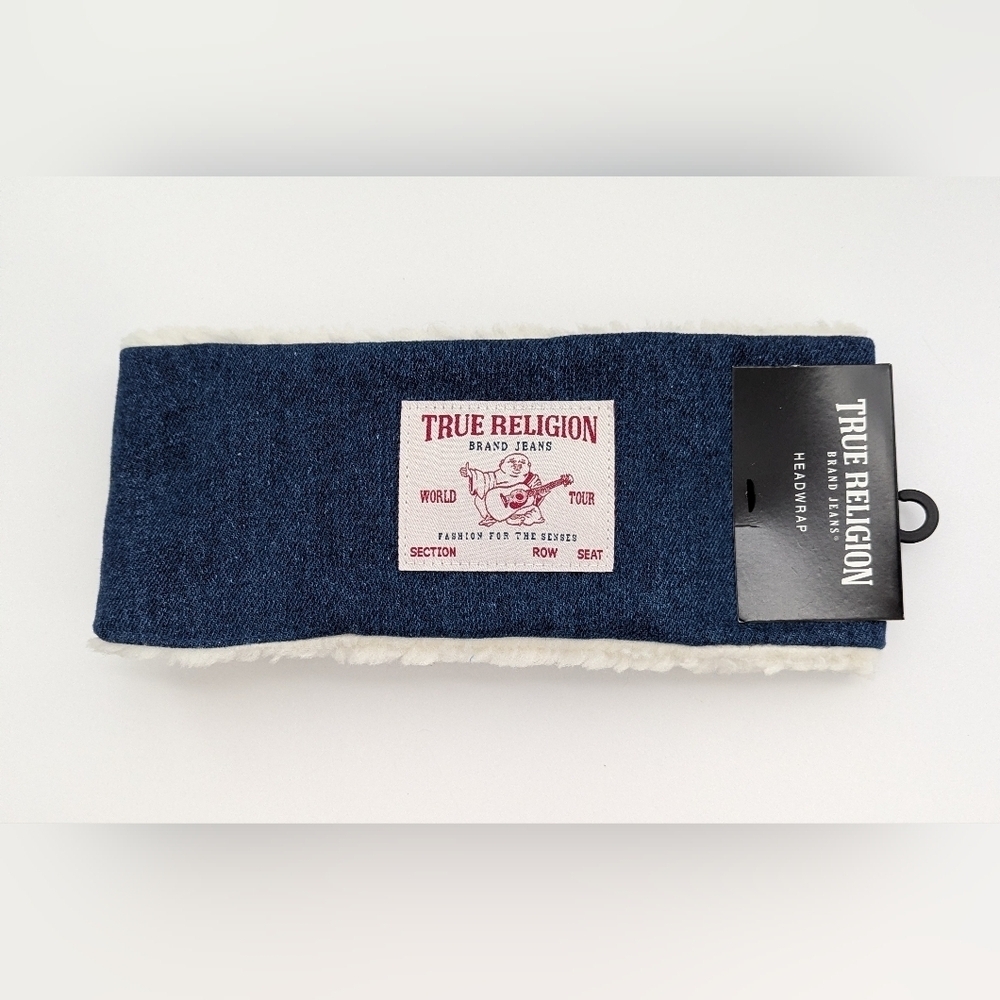 NWT True Religion Blue Jean/Denim Head/Ear Wrap/Warmer w/ Sherpa Lining